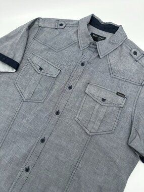 Marc Ecko Men's Short-Sleeve Button Up Chambray Utility‎ Shirt, Size Large, Grey